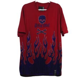 PREME Red Skull & Flames Mens Blue Rhinestone Shirt Size Streetwear 3XL